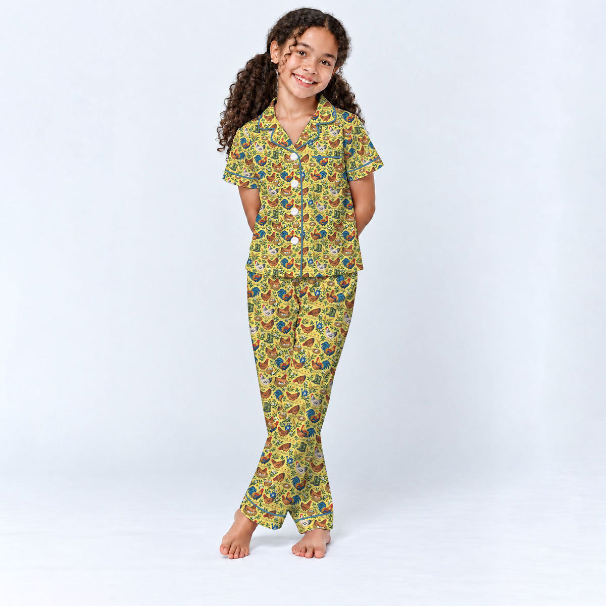 Chicken Farm Pajama Set, Vintage Rooster And Hen Sleepwear, Cozy Long Sleeve Button Down Pajamas For Kids