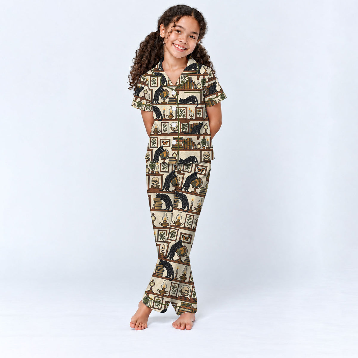 Gothic Black Cat Pajama Set, Vintage Library Cat Sleepwear, Cozy Long Sleeve Button Down Pajamas For Kids