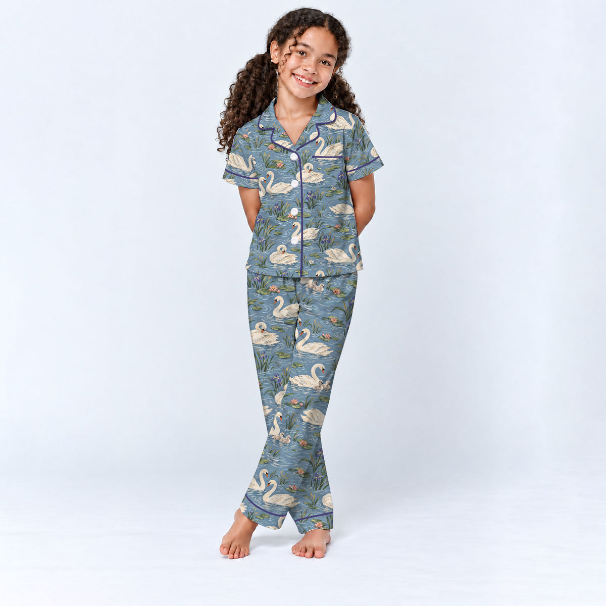 Elegant Swan Pajama Set, Vintage Swan Lake Sleepwear, Cozy Long Sleeve Button Down Pajamas For Kids