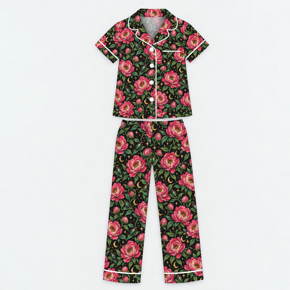 Floral Peony Pajama Set, Celestial Moon Garden Sleepwear, Cozy Long Sleeve Button Down Pajamas For Kids