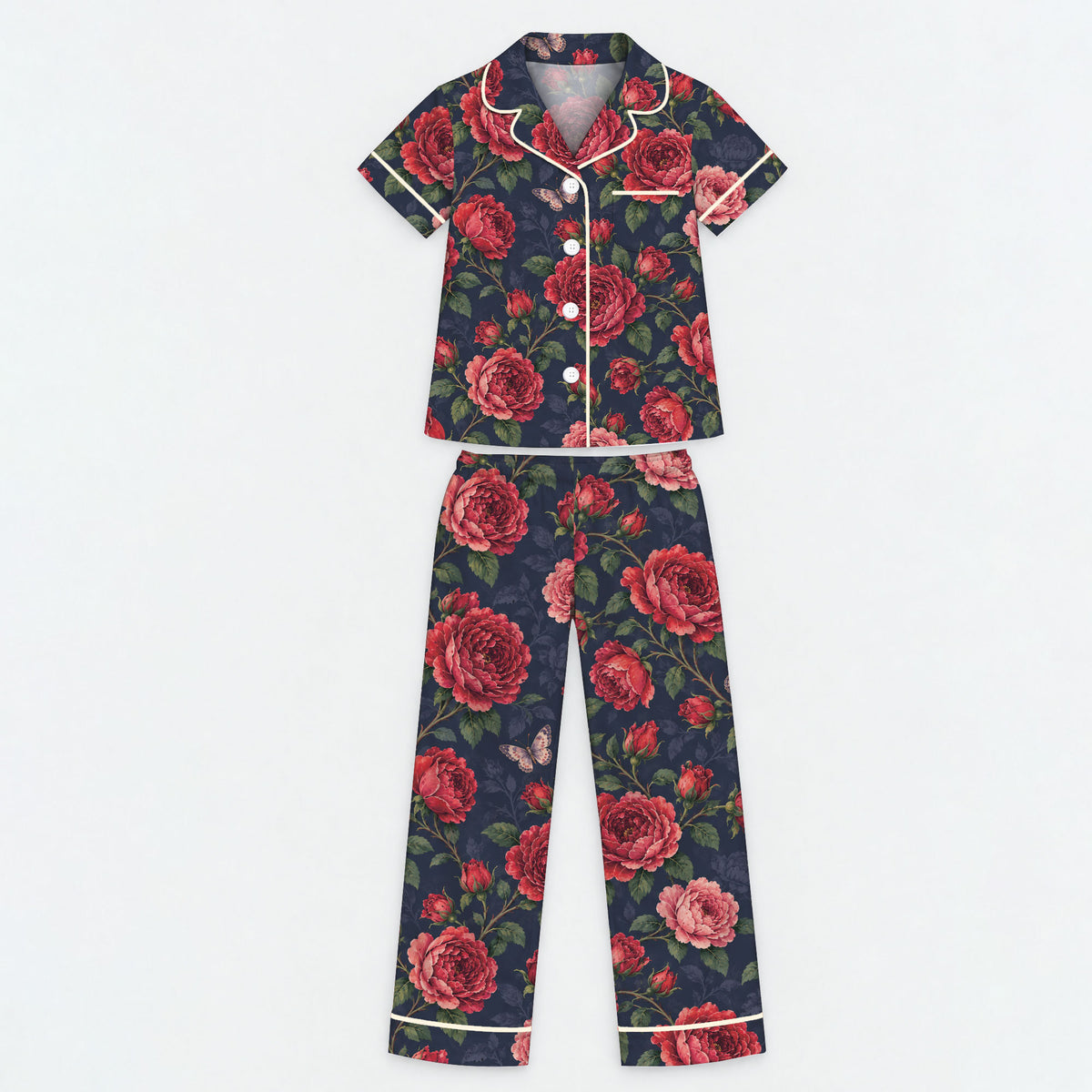 Floral Rose Pajama Set, Vintage Red Rose Butterfly Sleepwear, Cozy Long Sleeve Button Down Pajamas For Kids