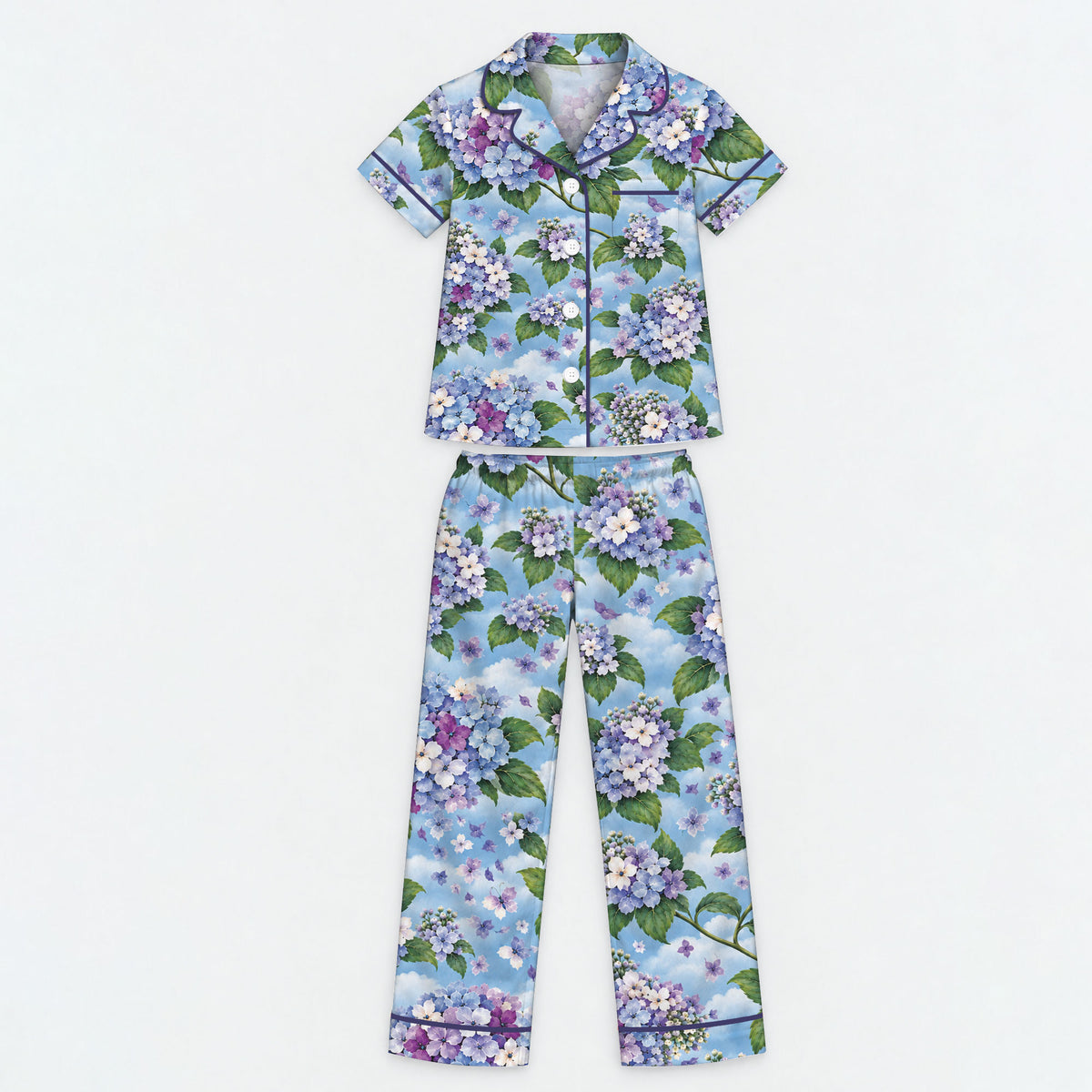 Floral Hydrangea Pajama Set, Blue Botanical Flower Sleepwear, Cozy Long Sleeve Button Down Pajamas For Kids