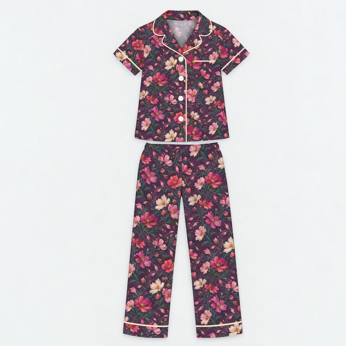 Floral Cosmos Pajama Set, Romantic Wildflower Sleepwear, Cozy Long Sleeve Button Down Pajamas For Kids