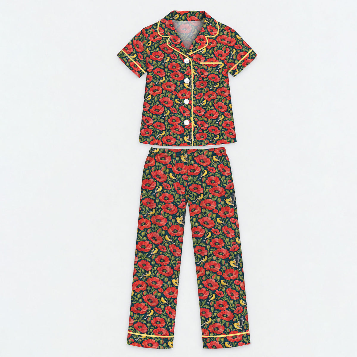 Floral Poppy Pajama Set, Vintage Wildflower Bird Sleepwear, Cozy Long Sleeve Button Down Pajamas For Kids