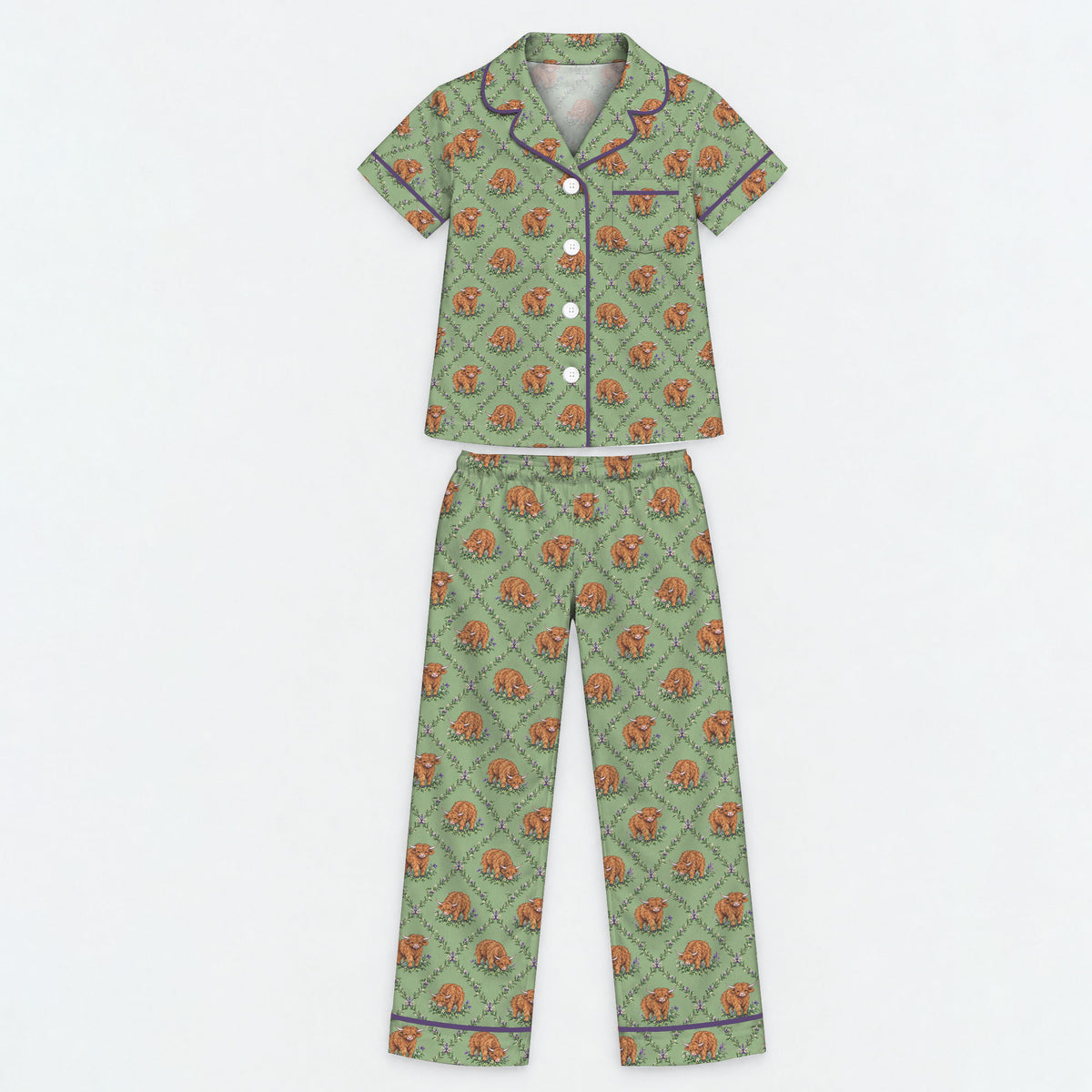 Highland Cow Pajama Set, Floral Highland Cow Sleepwear, Cozy Long Sleeve Button Down Pajamas For Kid