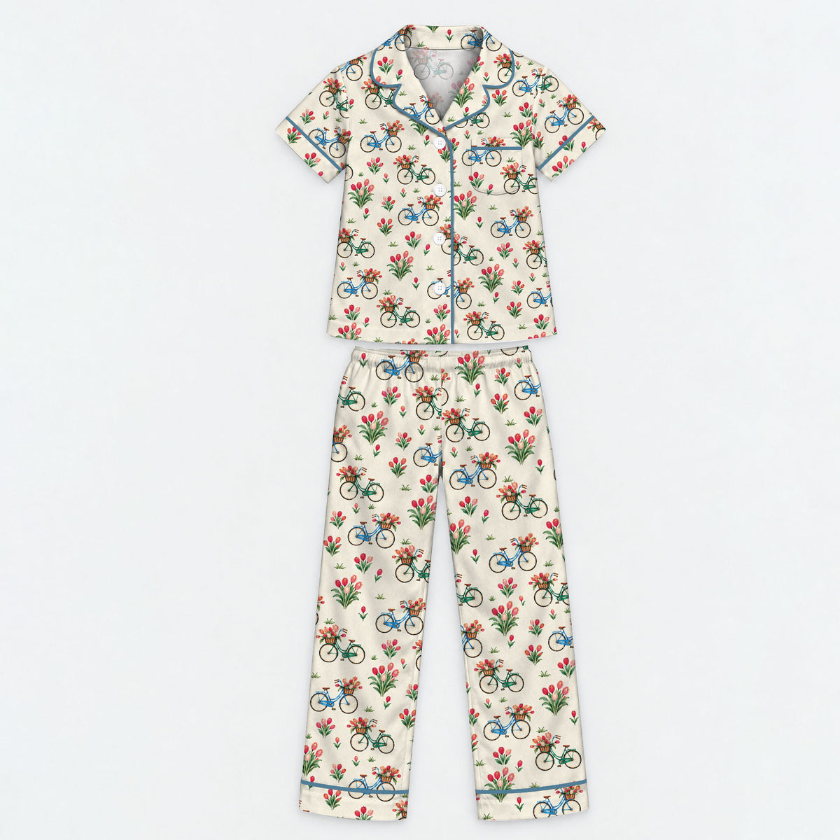 Floral Bicycle Pajama Set, Vintage Tulip Garden Sleepwear, Cozy Long Sleeve Button Down Pajamas For Kids
