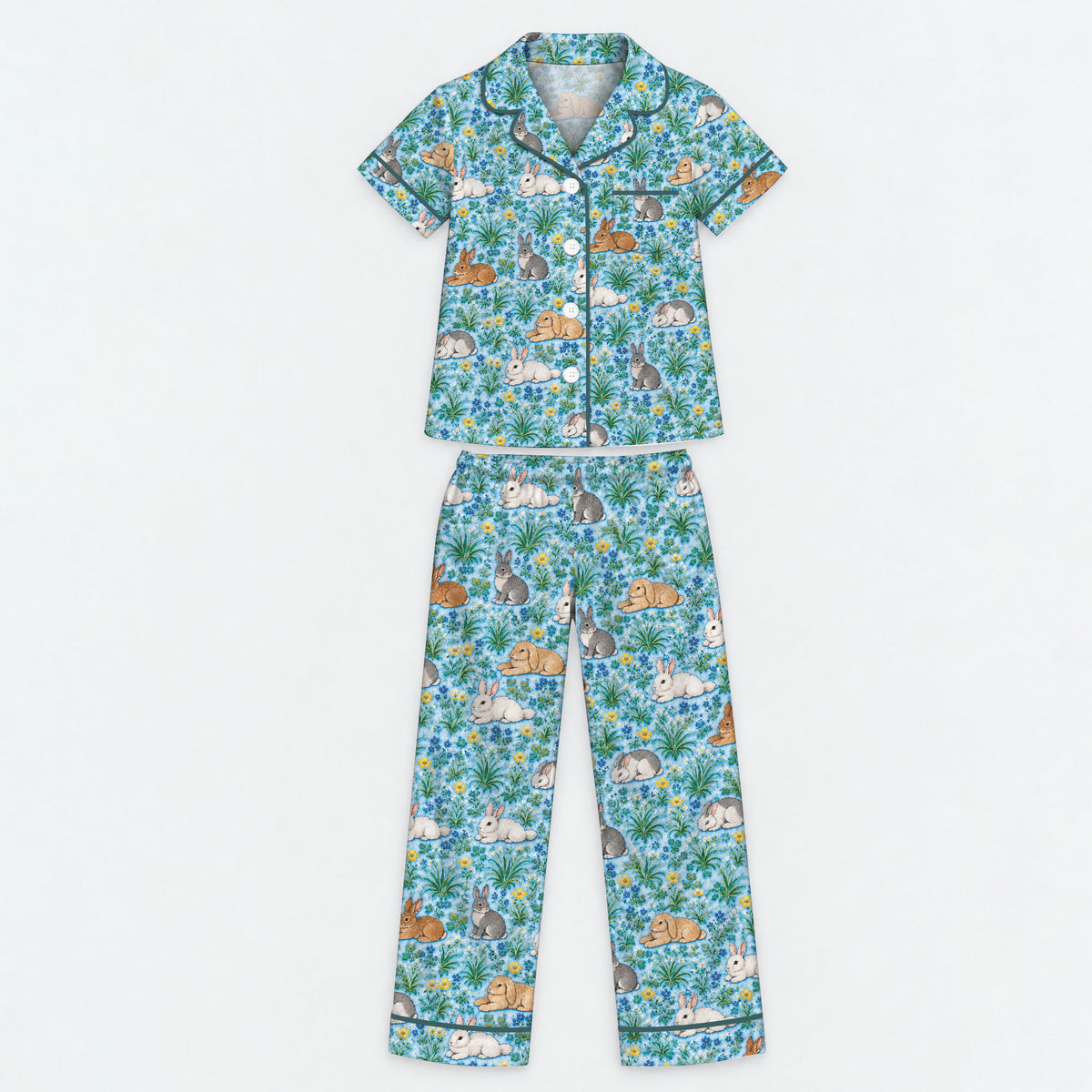 Floral Bunny Pajama Set, Cute Rabbit Garden Sleepwear, Cozy Long Sleeve Button Down Pajamas For Kids
