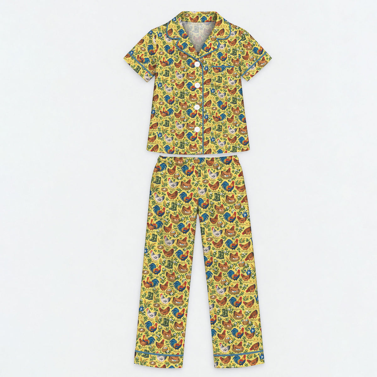 Chicken Farm Pajama Set, Vintage Rooster And Hen Sleepwear, Cozy Long Sleeve Button Down Pajamas For Kids