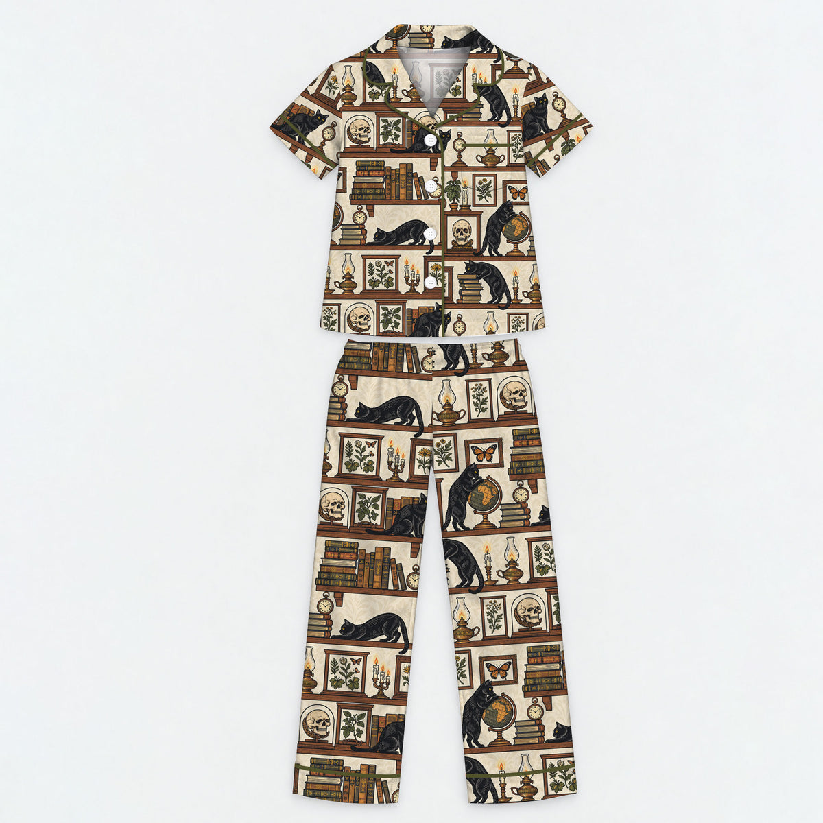 Gothic Black Cat Pajama Set, Vintage Library Cat Sleepwear, Cozy Long Sleeve Button Down Pajamas For Kids