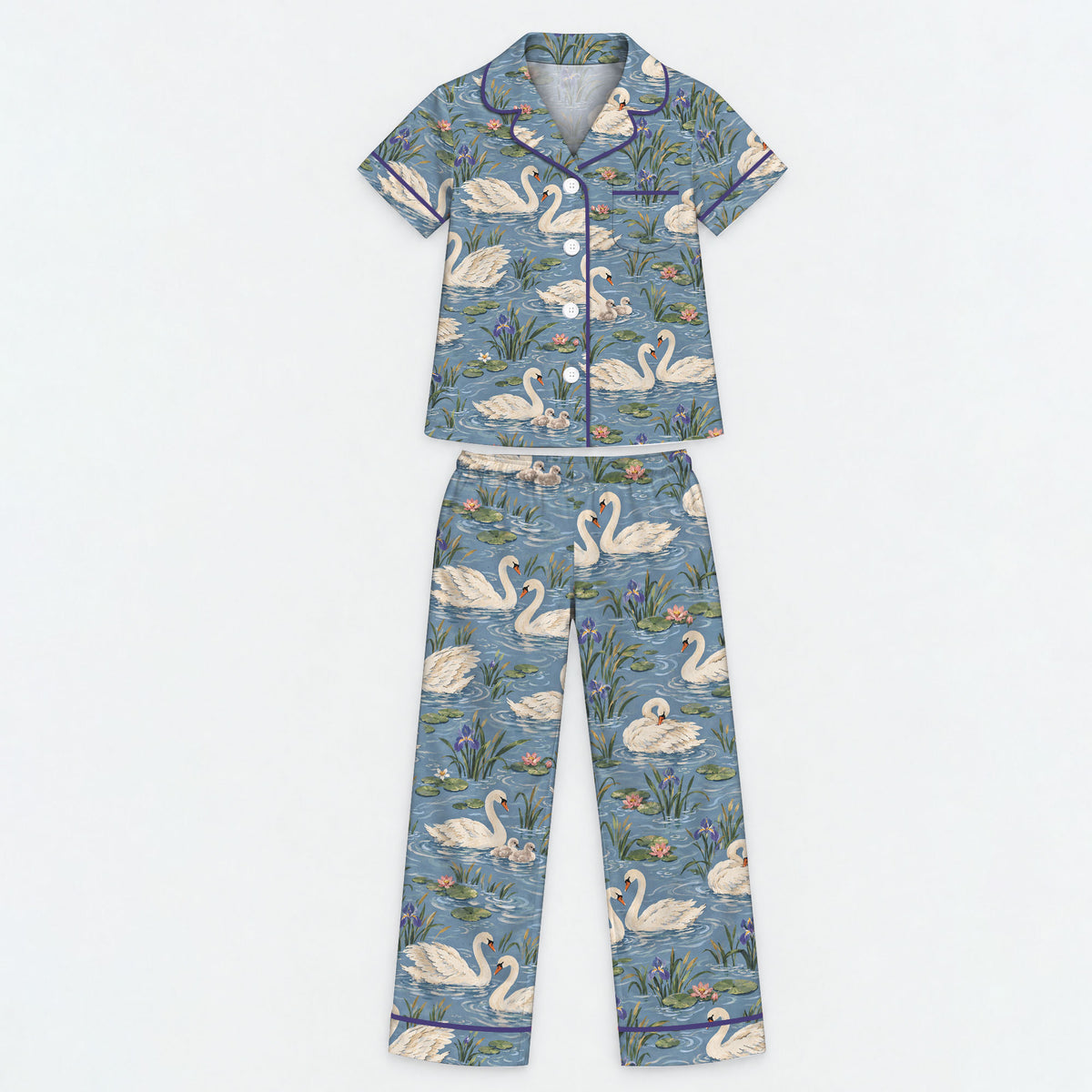 Elegant Swan Pajama Set, Vintage Swan Lake Sleepwear, Cozy Long Sleeve Button Down Pajamas For Kids