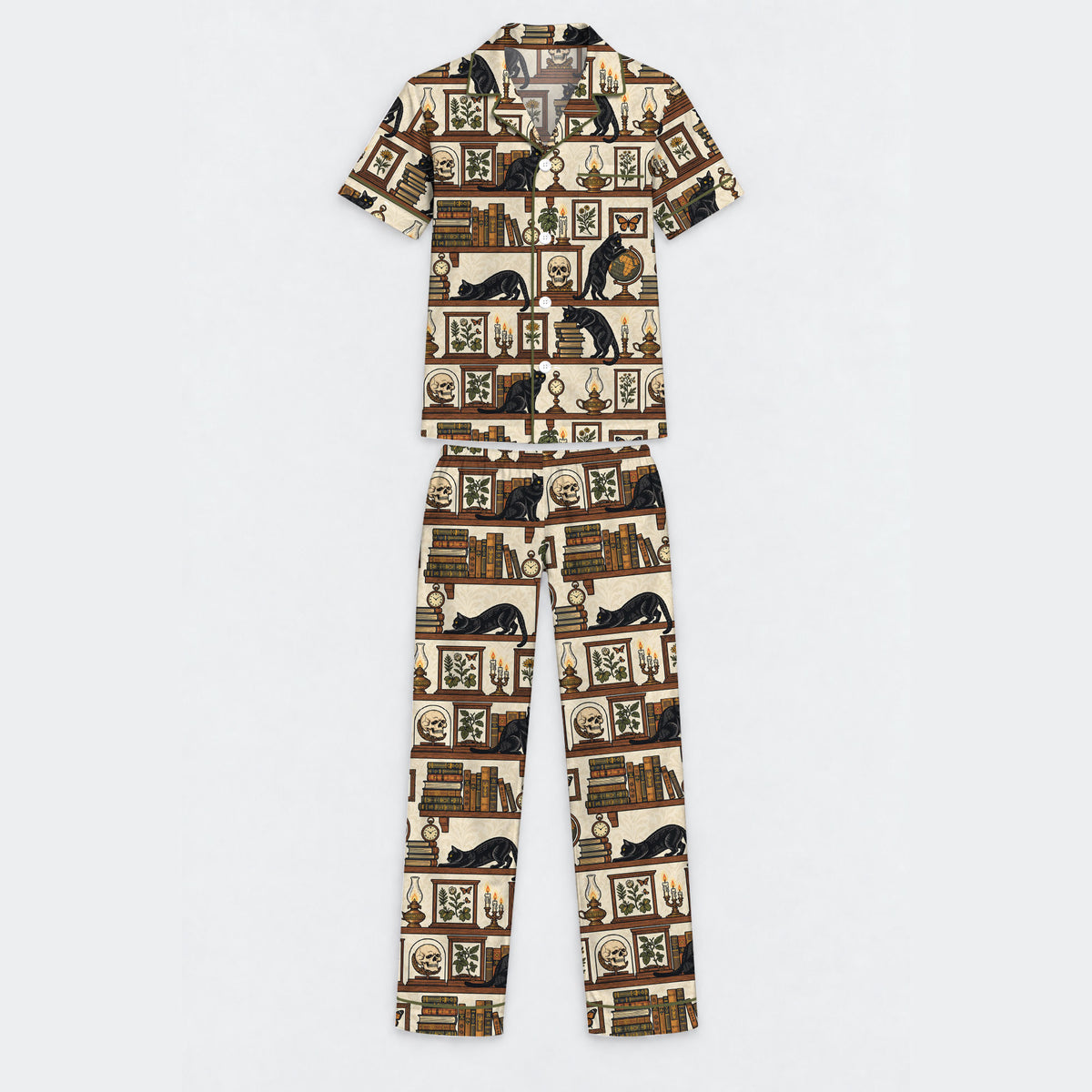 Gothic Black Cat Pajama Set, Vintage Library Cat Sleepwear, Cozy Long Sleeve Button Down Pajamas For Men