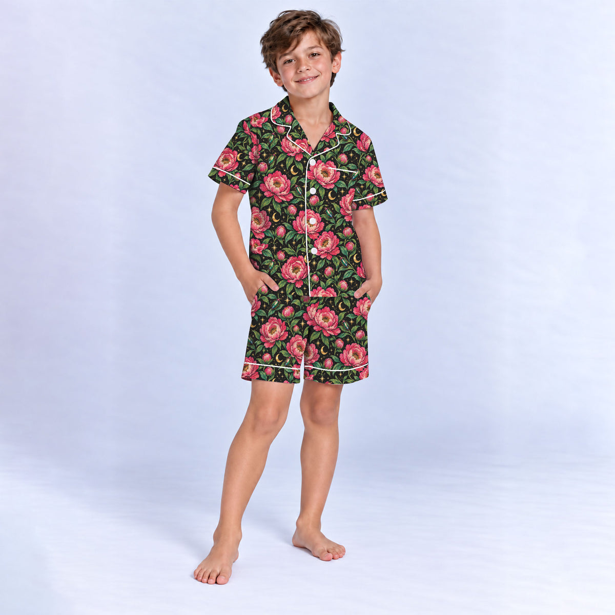Floral Peony Pajama Set, Celestial Moon Garden Sleepwear, Cozy Long Sleeve Button Down Pajamas For Kids