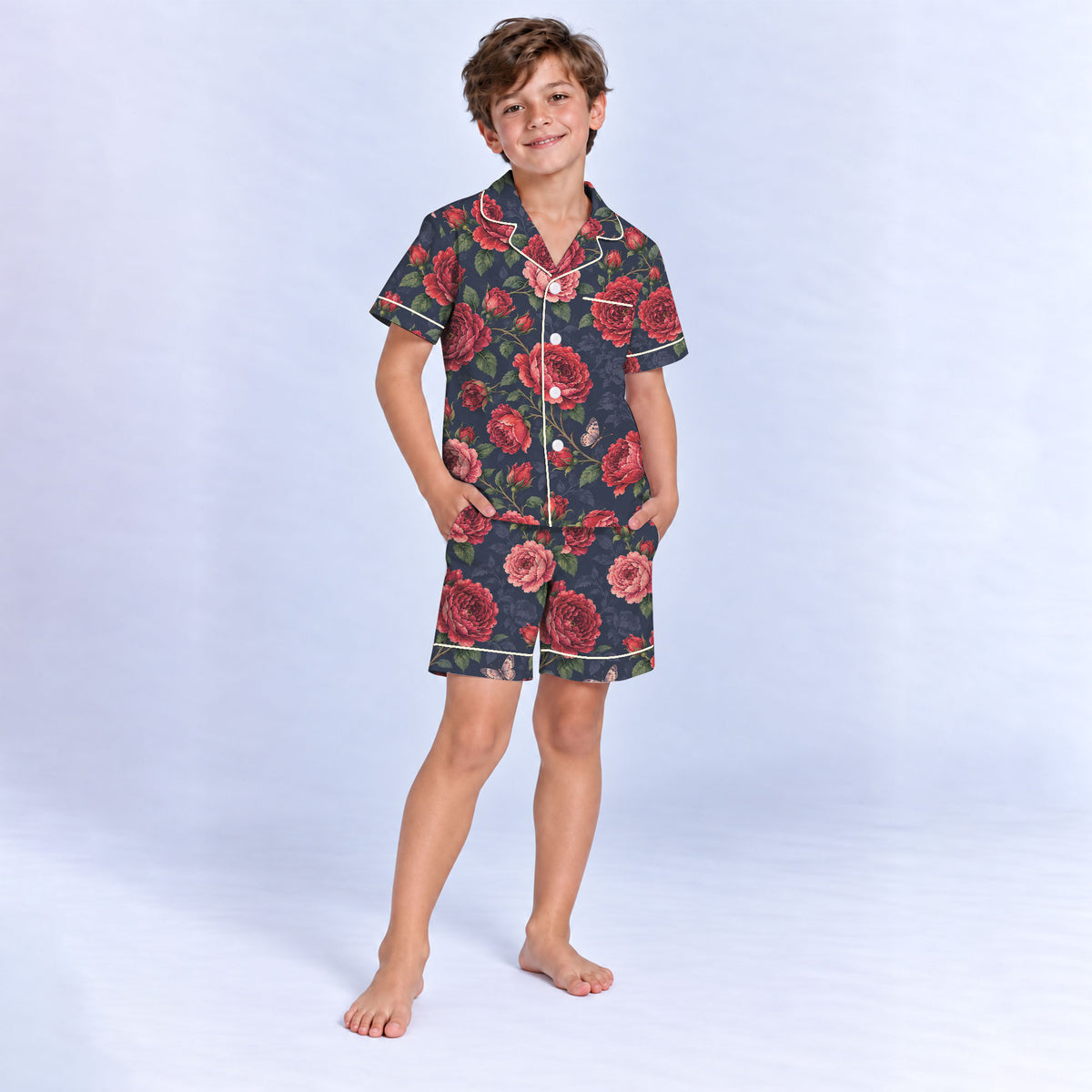 Floral Rose Pajama Set, Vintage Red Rose Butterfly Sleepwear, Cozy Long Sleeve Button Down Pajamas For Kids