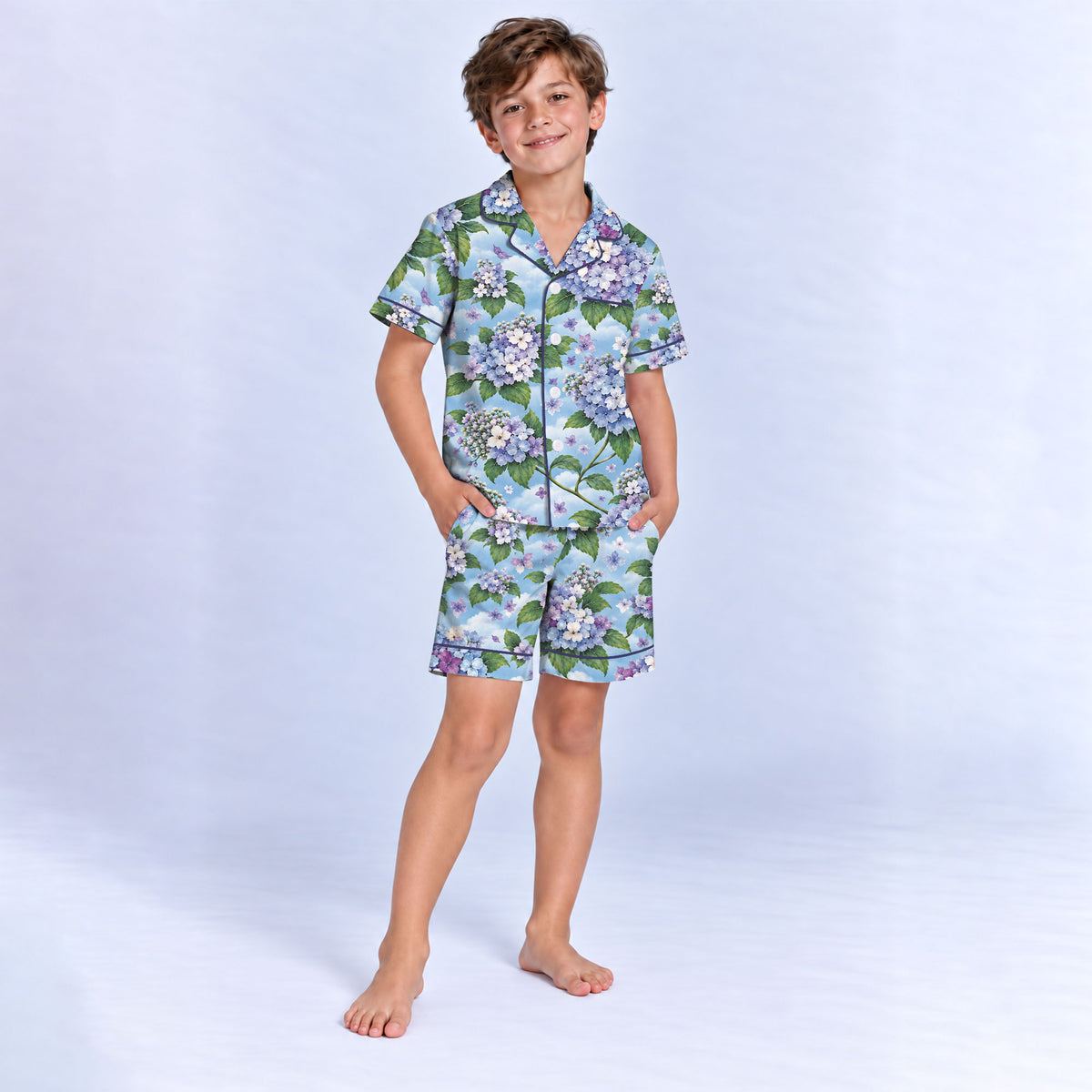 Floral Hydrangea Pajama Set, Blue Botanical Flower Sleepwear, Cozy Long Sleeve Button Down Pajamas For Kids