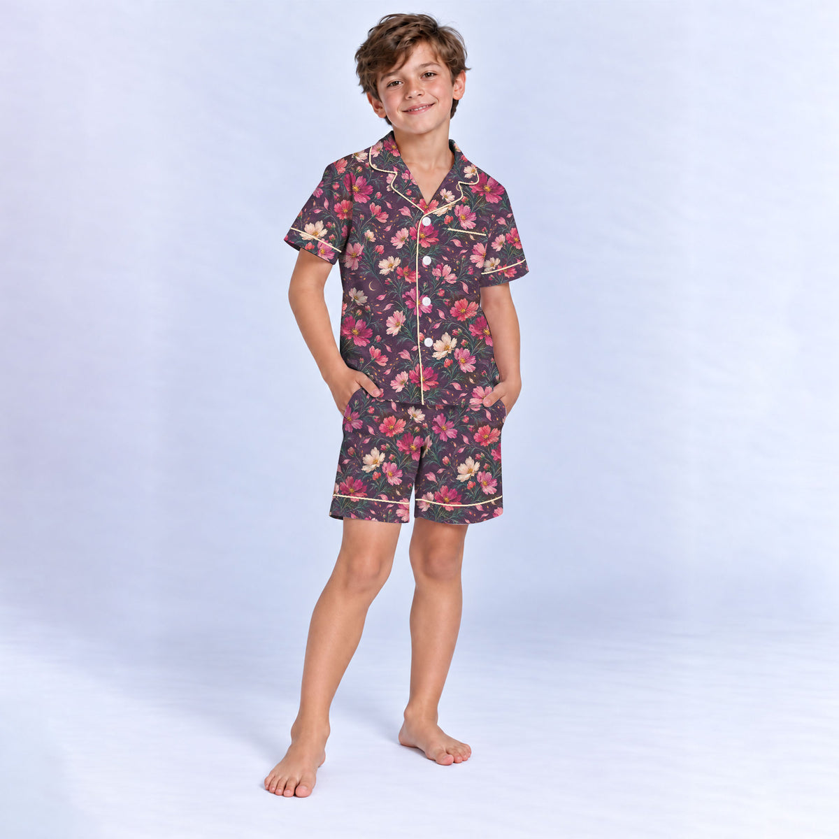 Floral Cosmos Pajama Set, Romantic Wildflower Sleepwear, Cozy Long Sleeve Button Down Pajamas For Kids