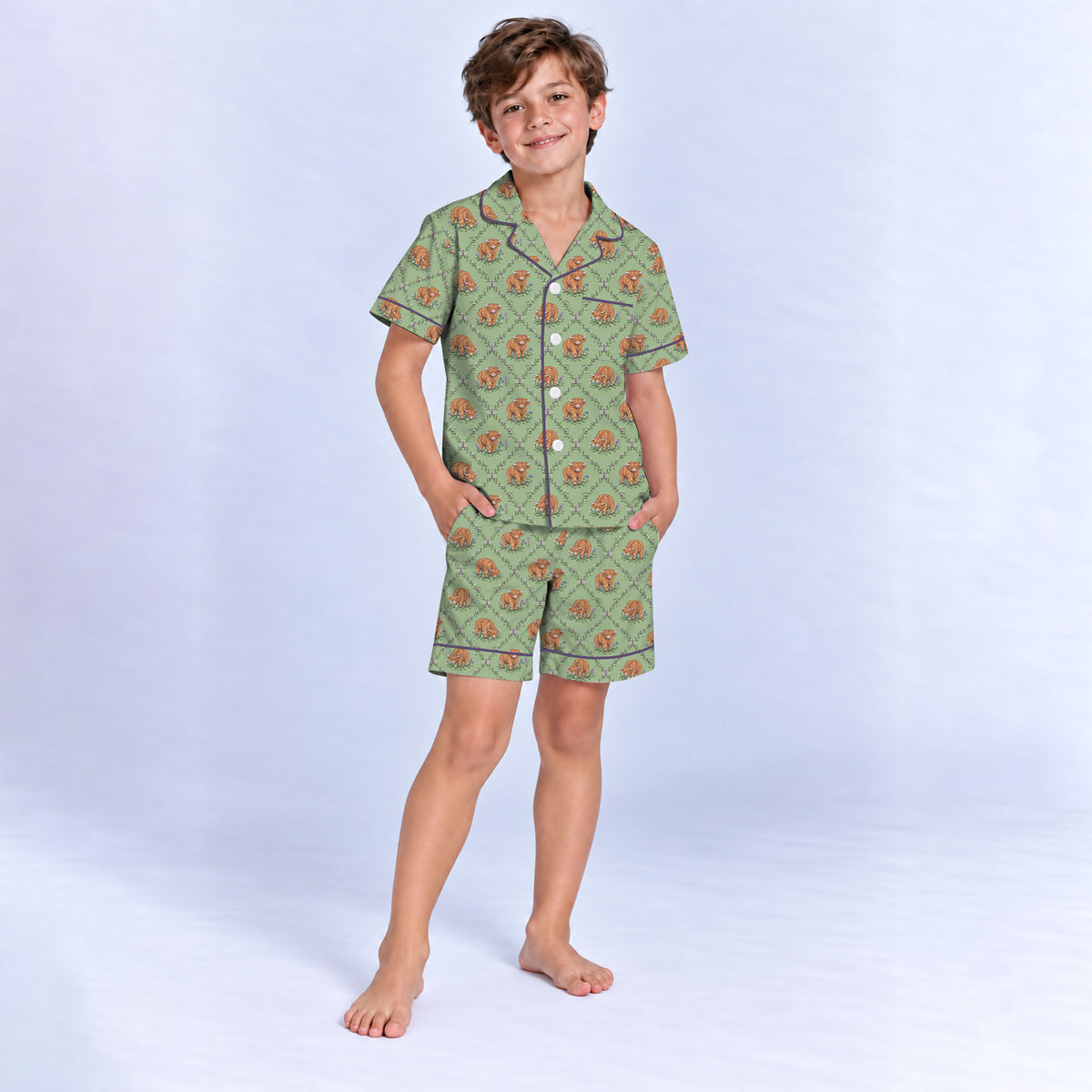 Highland Cow Pajama Set, Floral Highland Cow Sleepwear, Cozy Long Sleeve Button Down Pajamas For Kid