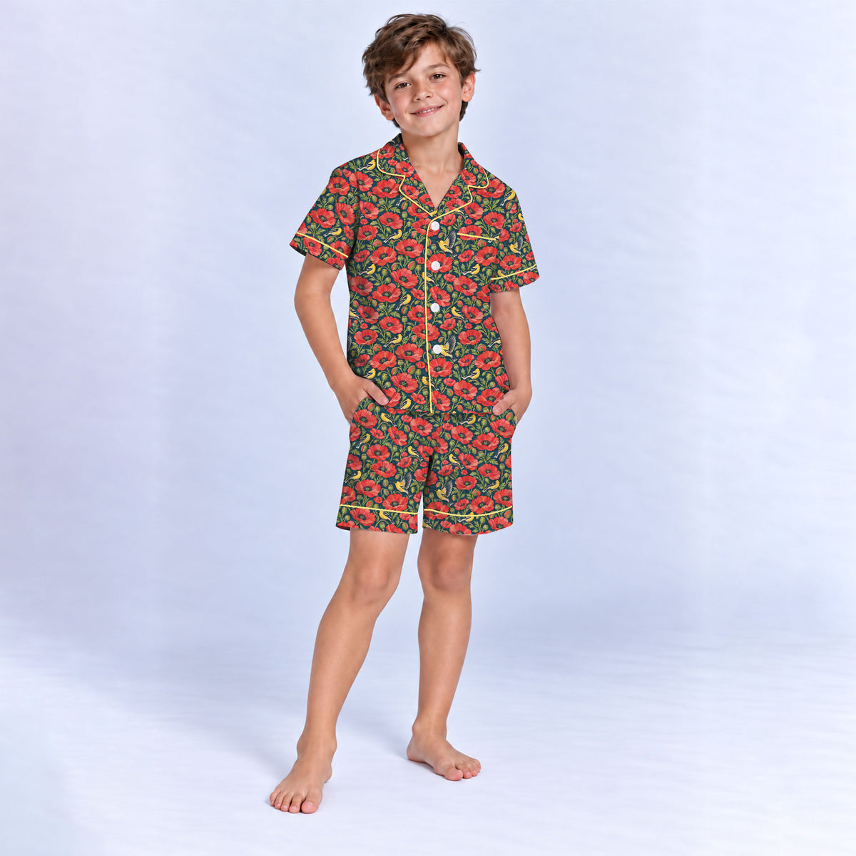 Floral Poppy Pajama Set, Vintage Wildflower Bird Sleepwear, Cozy Long Sleeve Button Down Pajamas For Kids