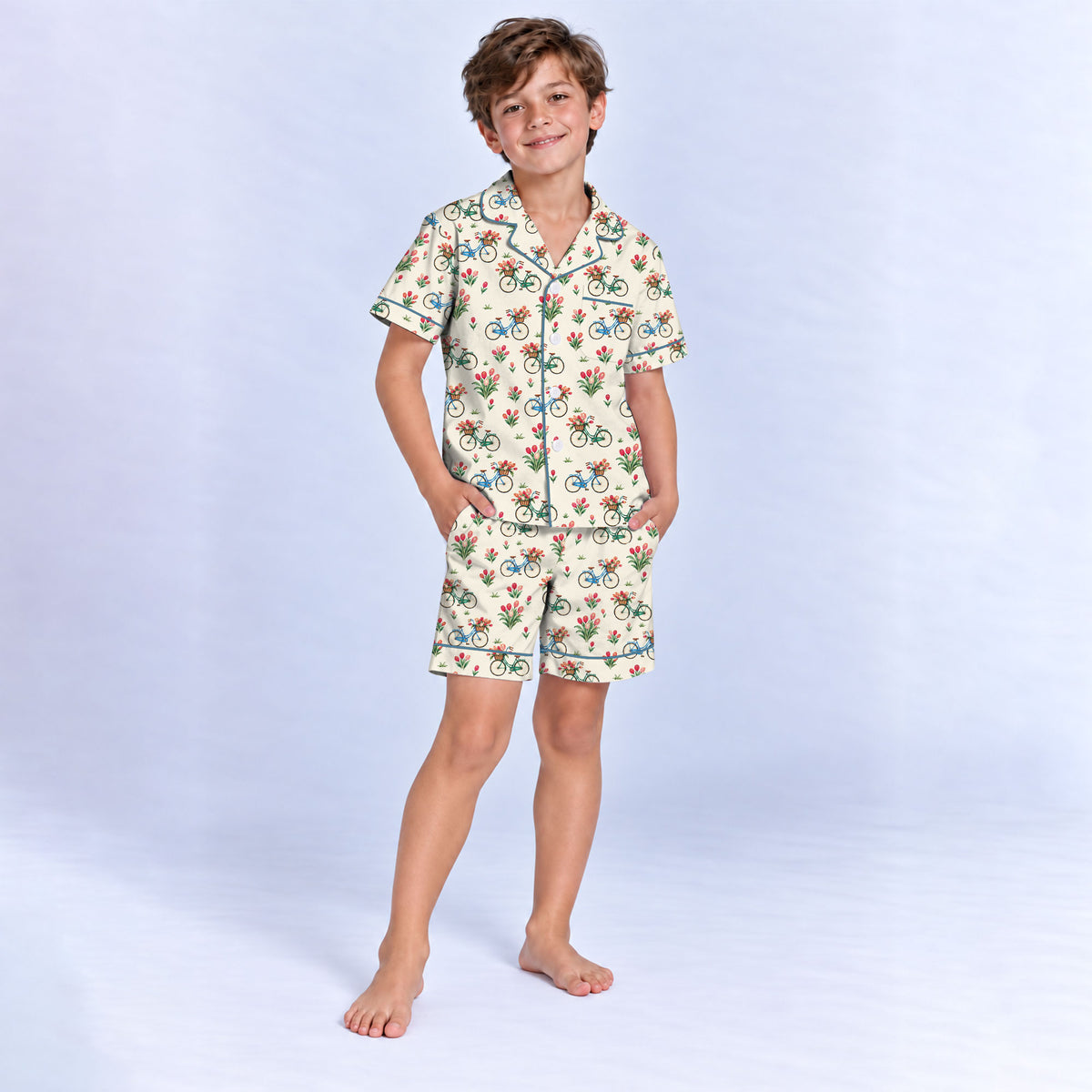 Floral Bicycle Pajama Set, Vintage Tulip Garden Sleepwear, Cozy Long Sleeve Button Down Pajamas For Kids