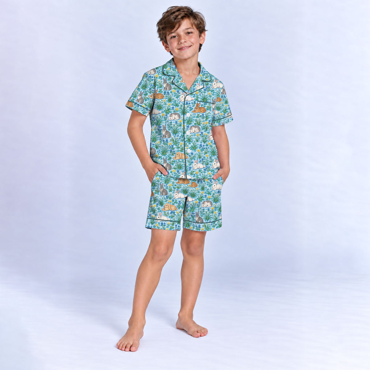 Floral Bunny Pajama Set, Cute Rabbit Garden Sleepwear, Cozy Long Sleeve Button Down Pajamas For Kids