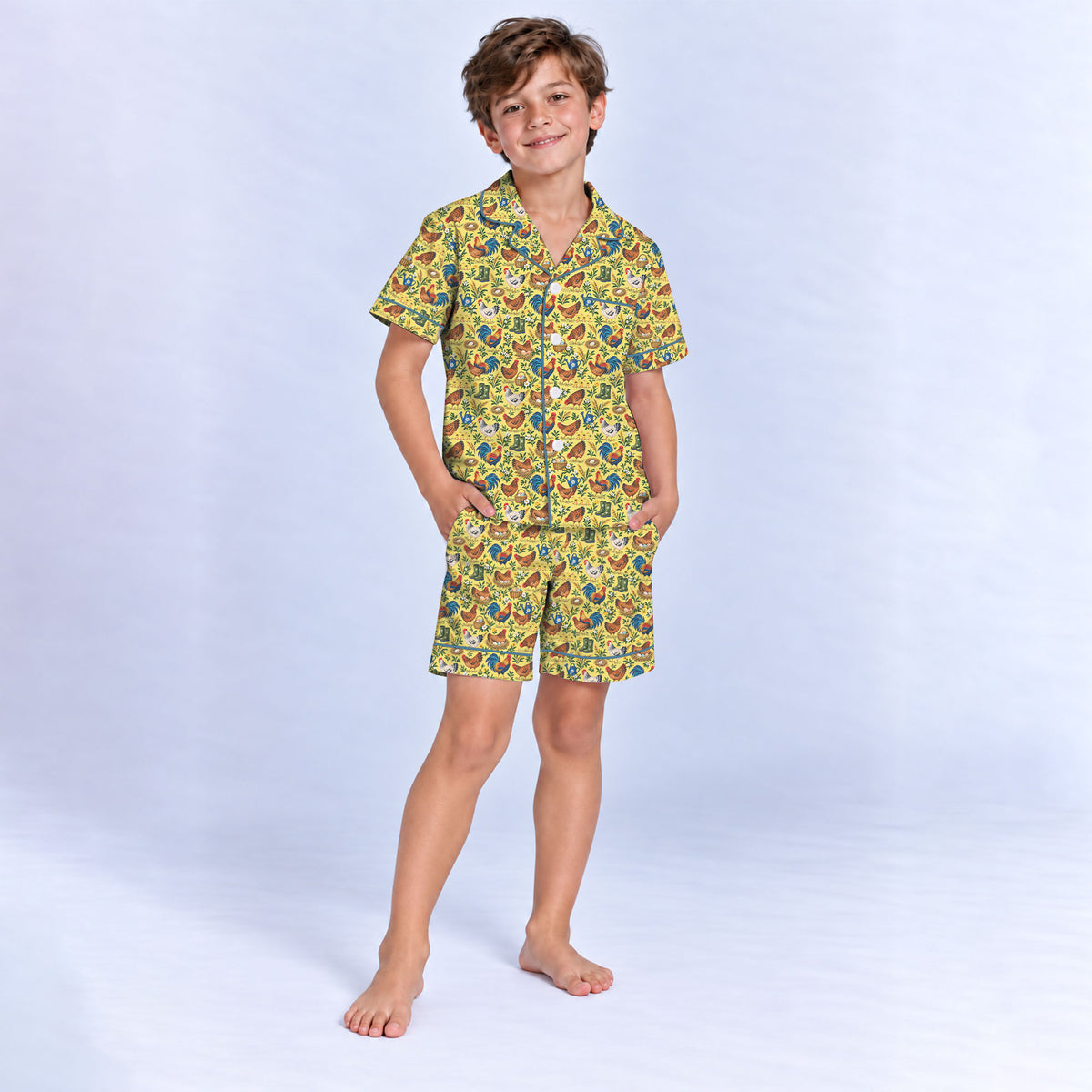Chicken Farm Pajama Set, Vintage Rooster And Hen Sleepwear, Cozy Long Sleeve Button Down Pajamas For Kids