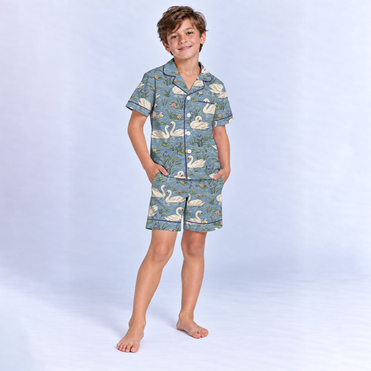 Elegant Swan Pajama Set, Vintage Swan Lake Sleepwear, Cozy Long Sleeve Button Down Pajamas For Kids