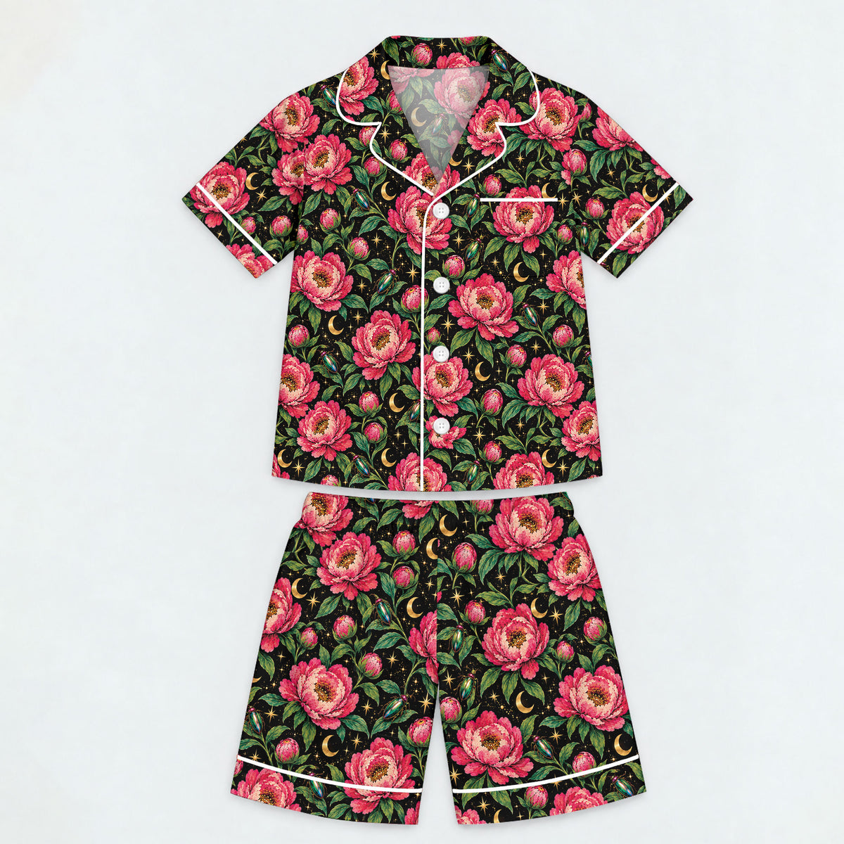 Floral Peony Pajama Set, Celestial Moon Garden Sleepwear, Cozy Long Sleeve Button Down Pajamas For Kids