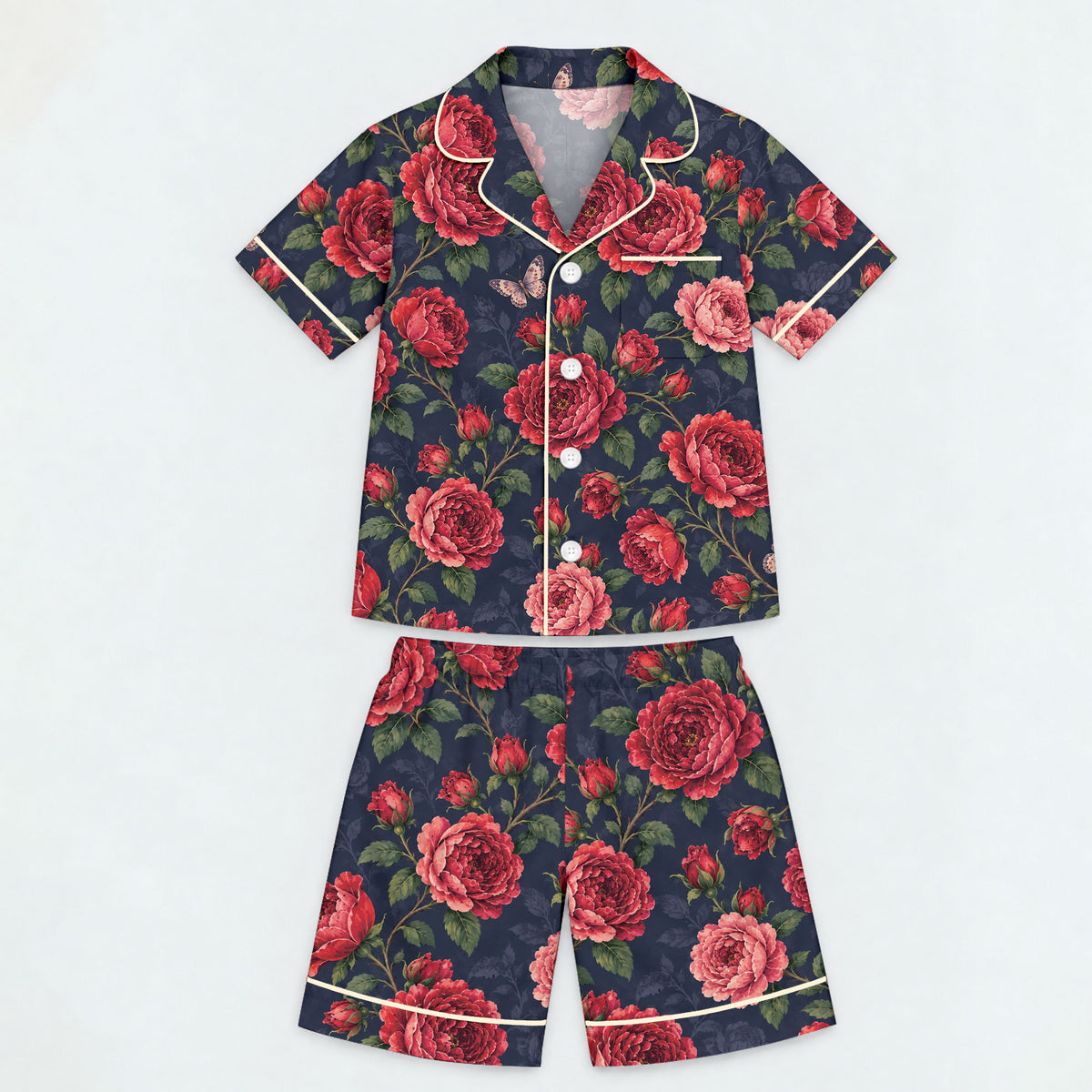 Floral Rose Pajama Set, Vintage Red Rose Butterfly Sleepwear, Cozy Long Sleeve Button Down Pajamas For Kids