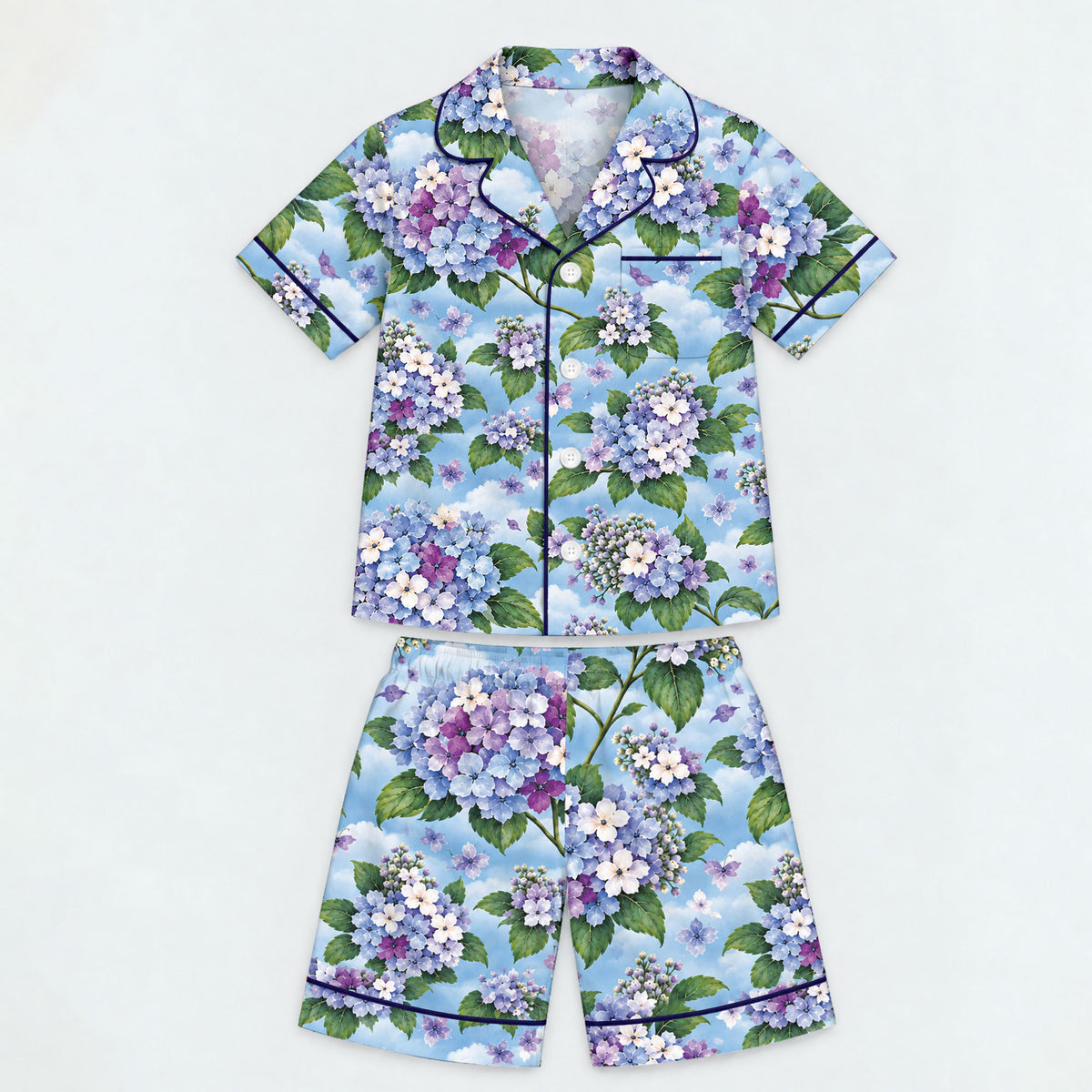 Floral Hydrangea Pajama Set, Blue Botanical Flower Sleepwear, Cozy Long Sleeve Button Down Pajamas For Kids