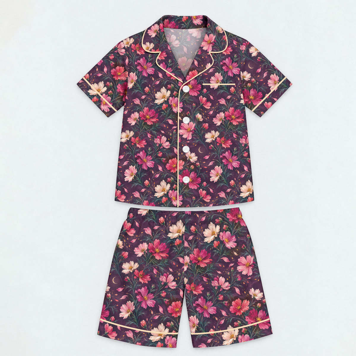 Floral Cosmos Pajama Set, Romantic Wildflower Sleepwear, Cozy Long Sleeve Button Down Pajamas For Kids