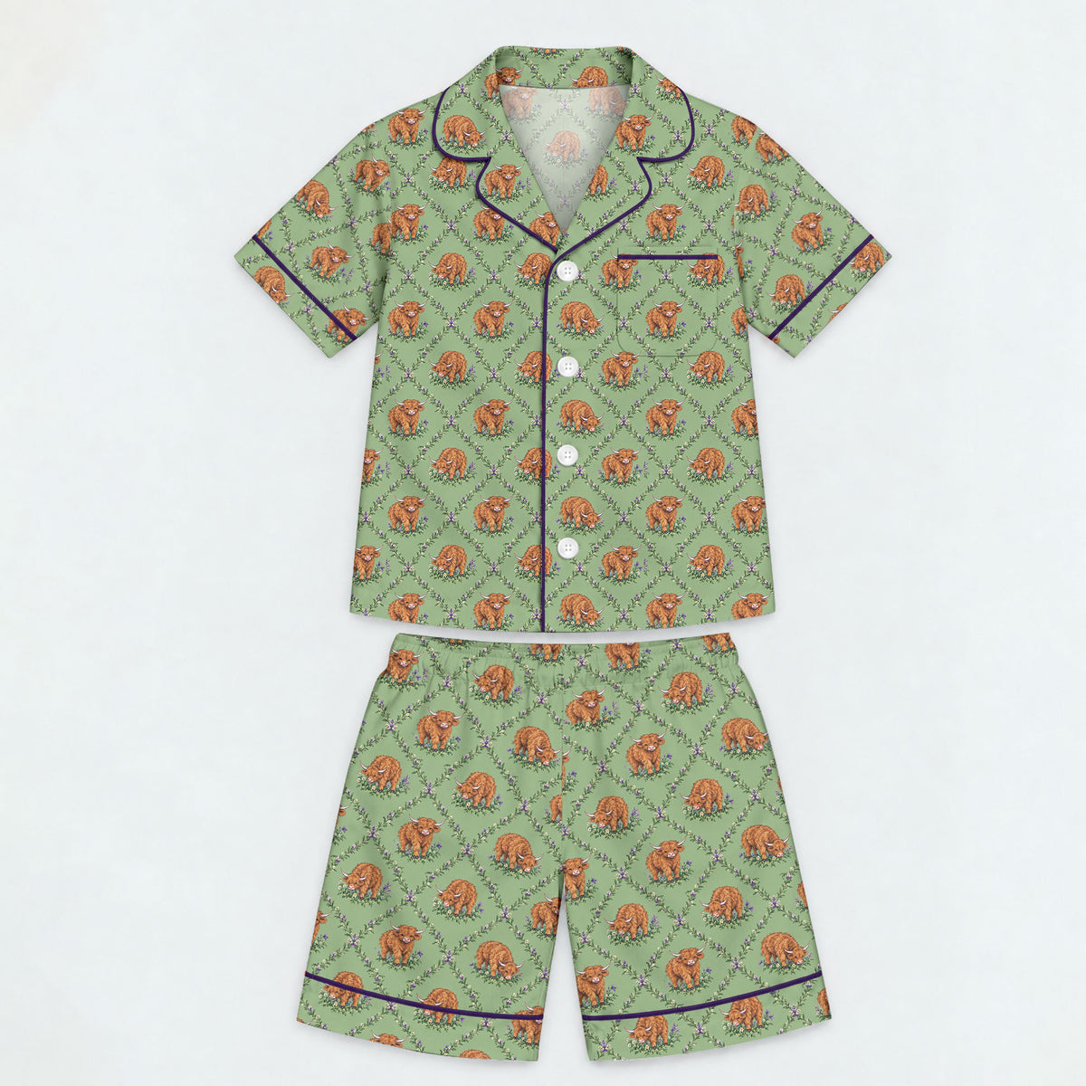 Highland Cow Pajama Set, Floral Highland Cow Sleepwear, Cozy Long Sleeve Button Down Pajamas For Kid