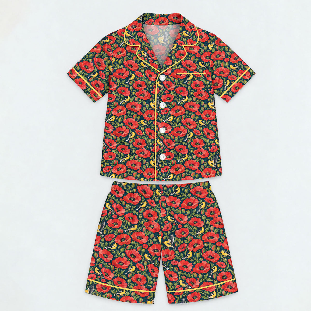 Floral Poppy Pajama Set, Vintage Wildflower Bird Sleepwear, Cozy Long Sleeve Button Down Pajamas For Kids