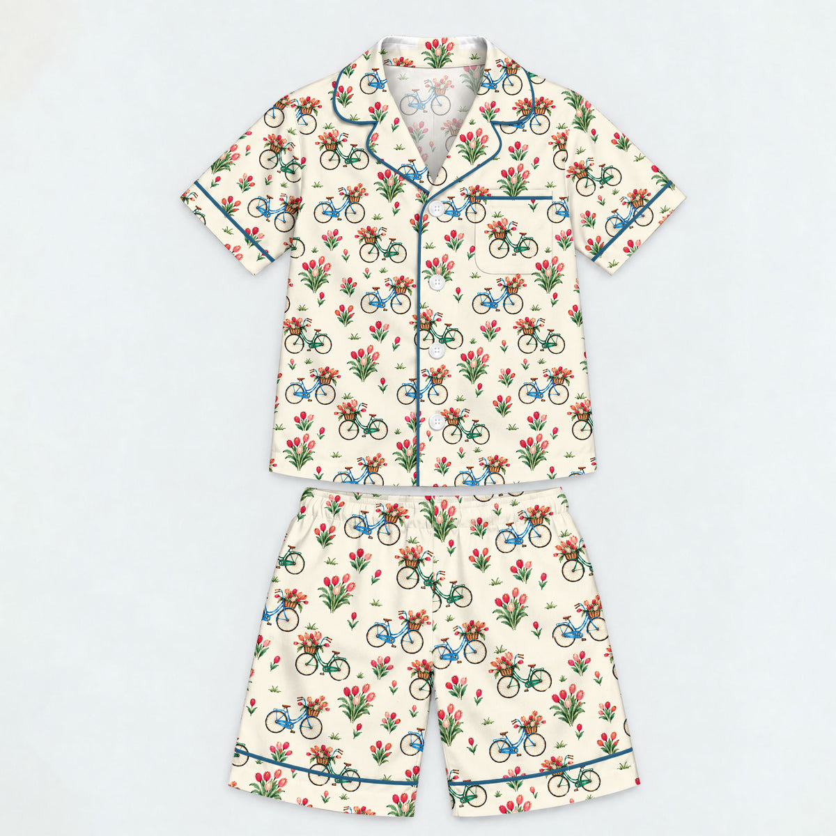 Floral Bicycle Pajama Set, Vintage Tulip Garden Sleepwear, Cozy Long Sleeve Button Down Pajamas For Kids