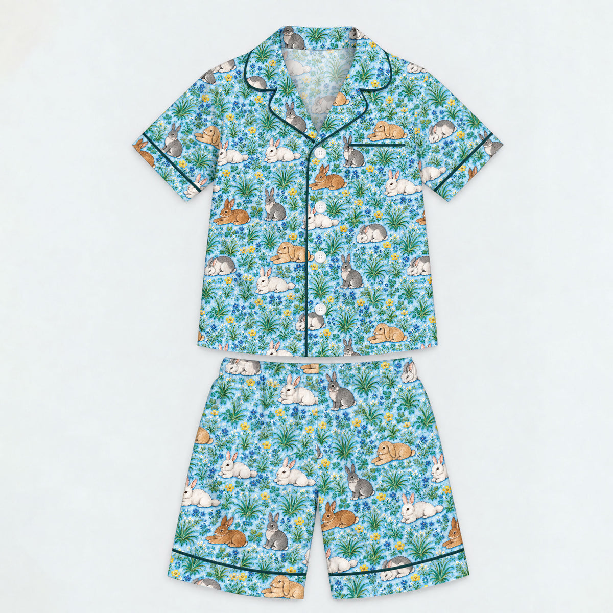 Floral Bunny Pajama Set, Cute Rabbit Garden Sleepwear, Cozy Long Sleeve Button Down Pajamas For Kids