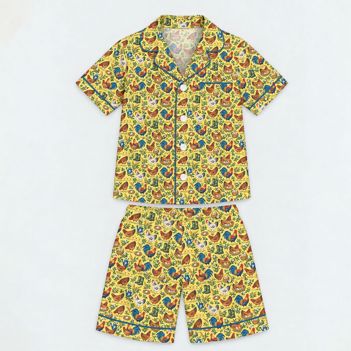 Chicken Farm Pajama Set, Vintage Rooster And Hen Sleepwear, Cozy Long Sleeve Button Down Pajamas For Kids