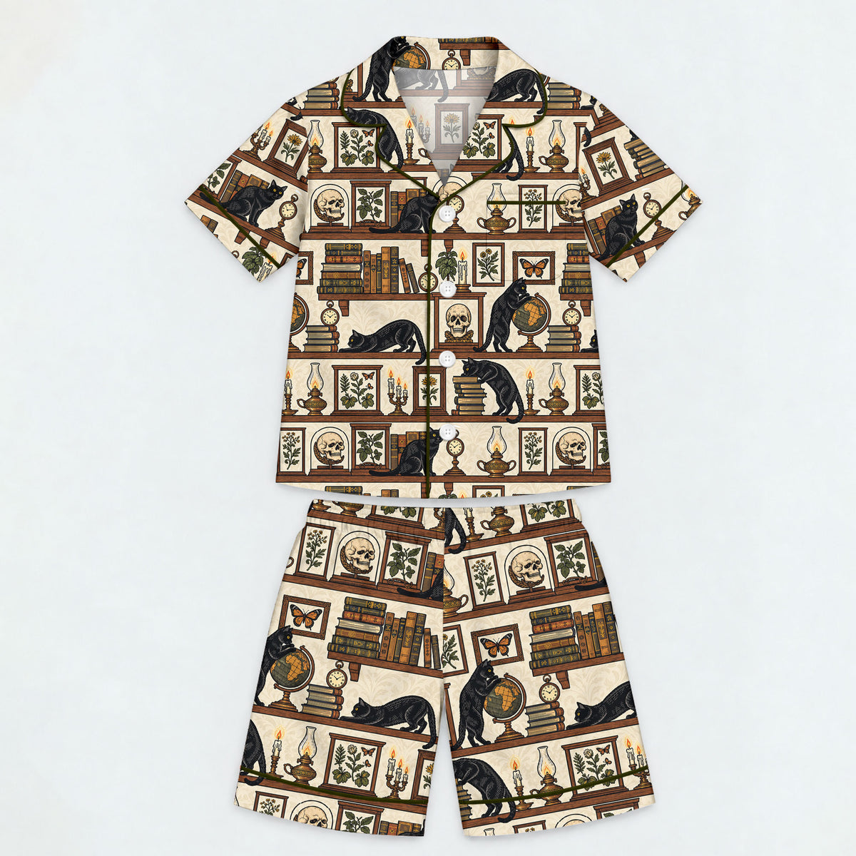 Gothic Black Cat Pajama Set, Vintage Library Cat Sleepwear, Cozy Long Sleeve Button Down Pajamas For Kids