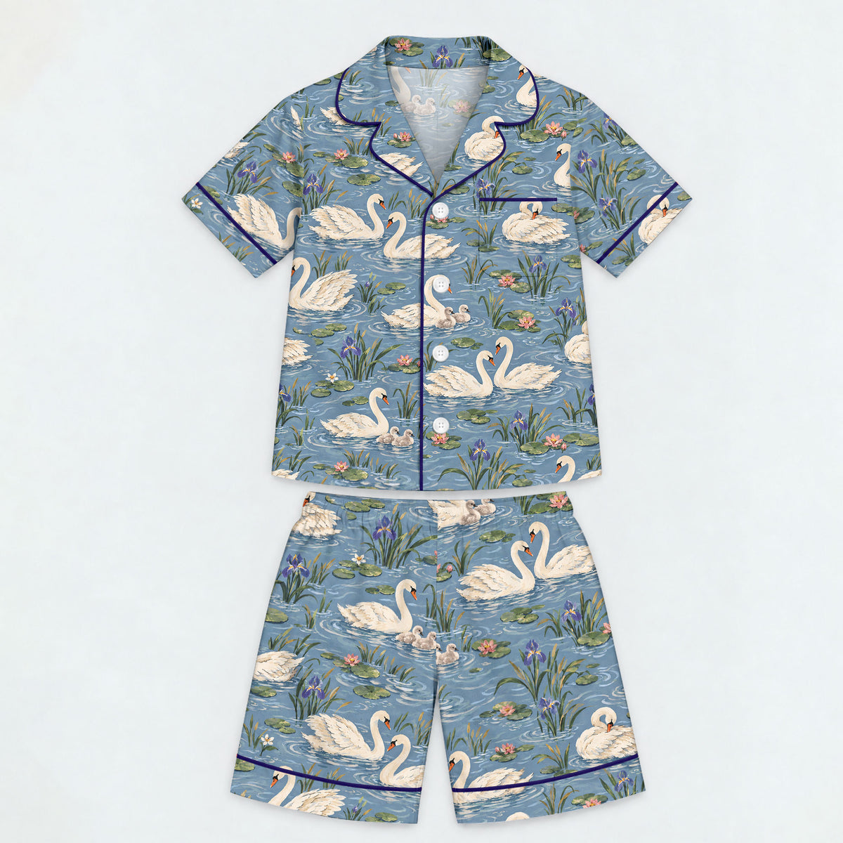 Elegant Swan Pajama Set, Vintage Swan Lake Sleepwear, Cozy Long Sleeve Button Down Pajamas For Kids
