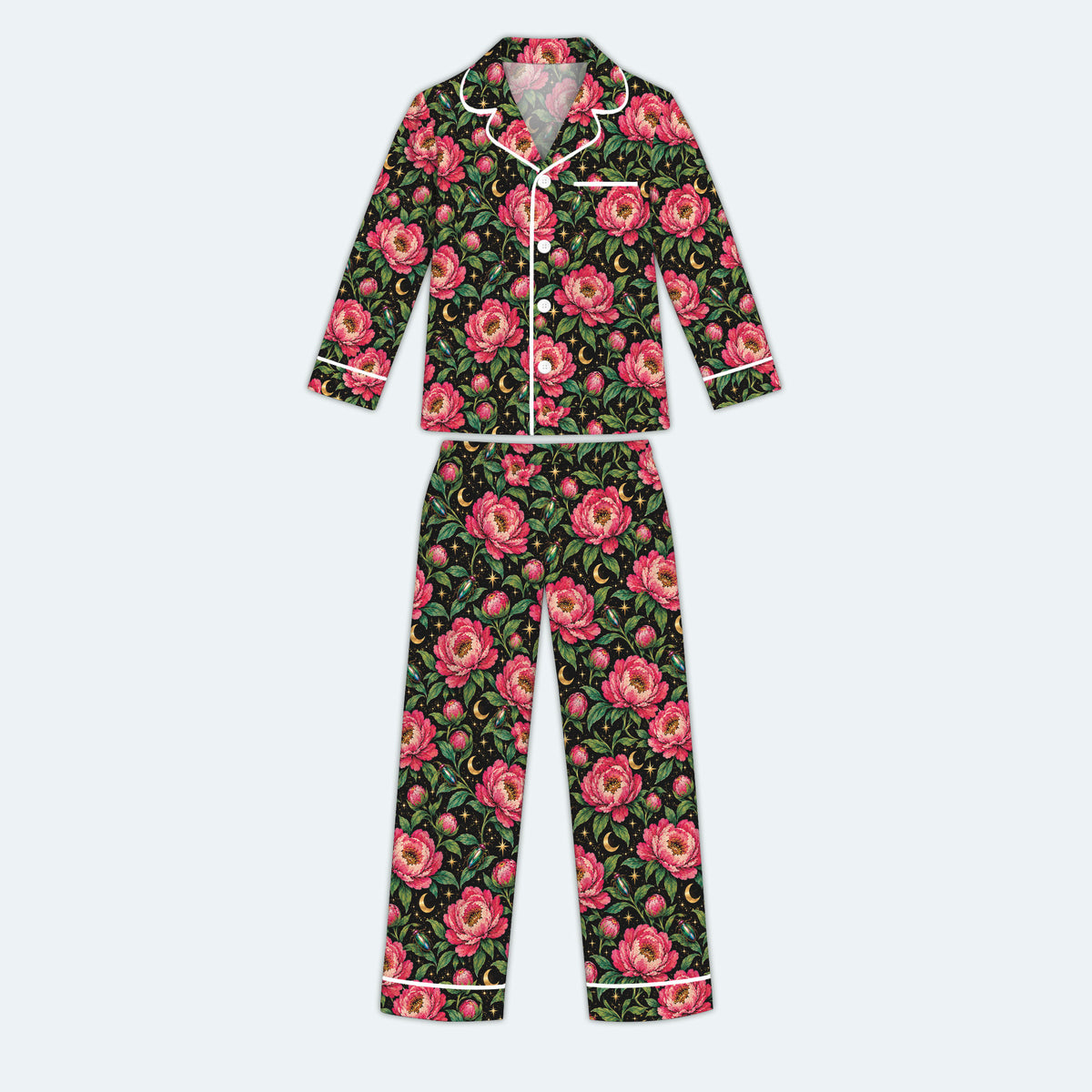 Floral Peony Pajama Set, Celestial Moon Garden Sleepwear, Cozy Long Sleeve Button Down Pajamas For Kids