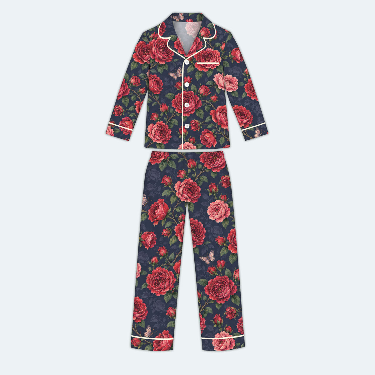 Floral Rose Pajama Set, Vintage Red Rose Butterfly Sleepwear, Cozy Long Sleeve Button Down Pajamas For Kids