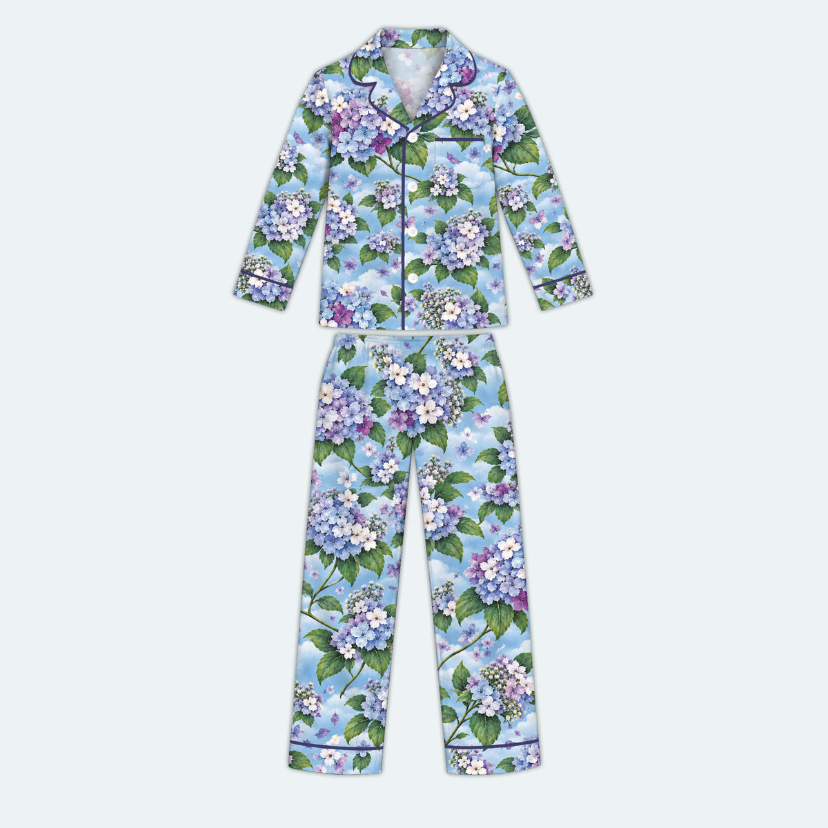 Floral Hydrangea Pajama Set, Blue Botanical Flower Sleepwear, Cozy Long Sleeve Button Down Pajamas For Kids