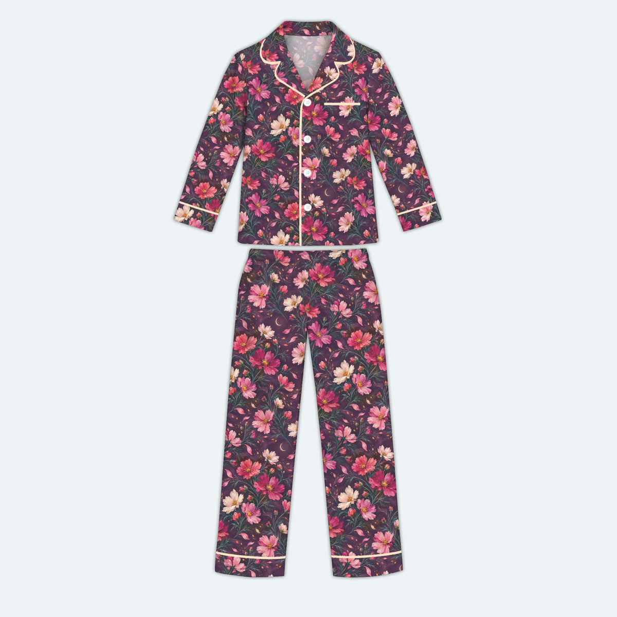Floral Cosmos Pajama Set, Romantic Wildflower Sleepwear, Cozy Long Sleeve Button Down Pajamas For Kids