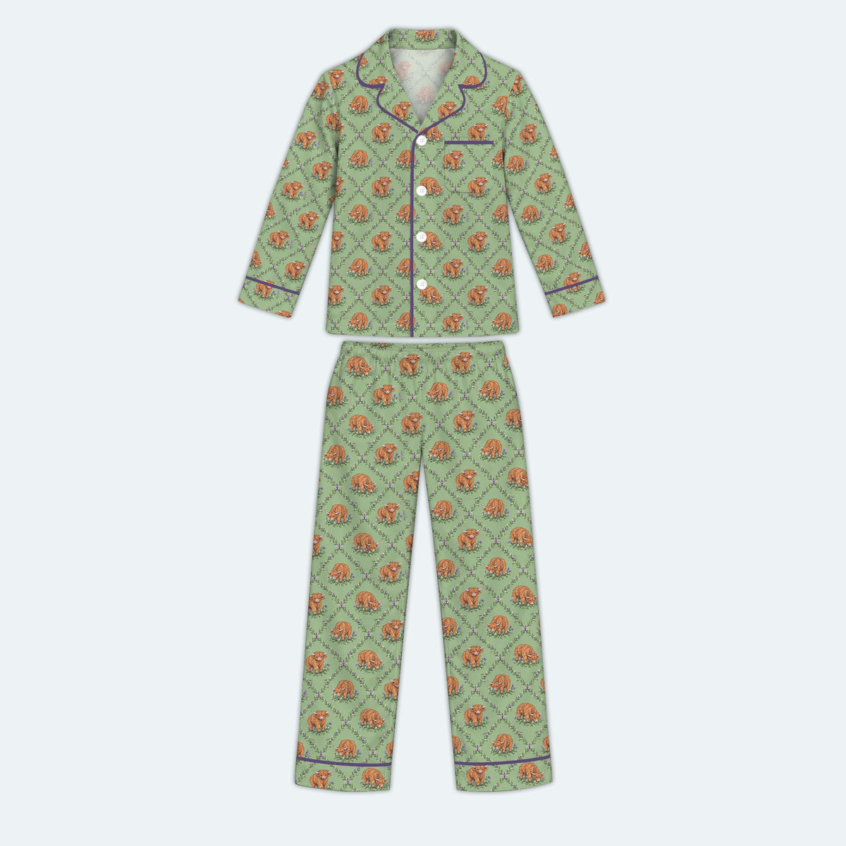Highland Cow Pajama Set, Floral Highland Cow Sleepwear, Cozy Long Sleeve Button Down Pajamas For Kid