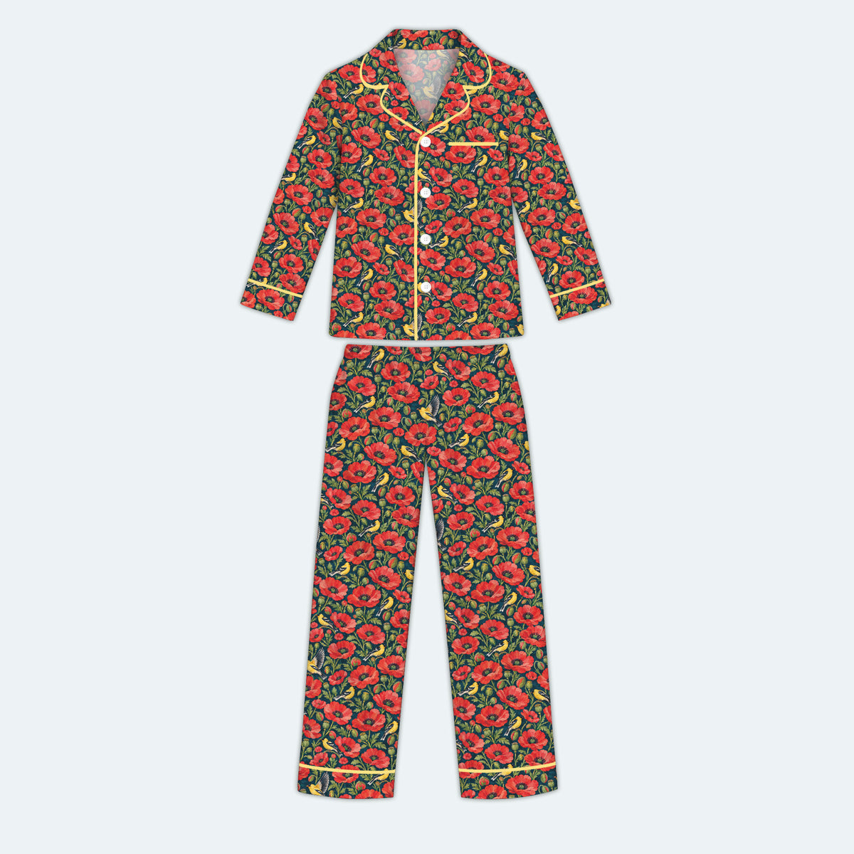 Floral Poppy Pajama Set, Vintage Wildflower Bird Sleepwear, Cozy Long Sleeve Button Down Pajamas For Kids