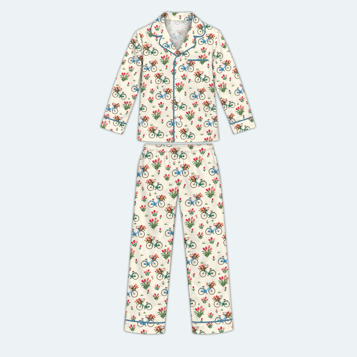 Floral Bicycle Pajama Set, Vintage Tulip Garden Sleepwear, Cozy Long Sleeve Button Down Pajamas For Kids