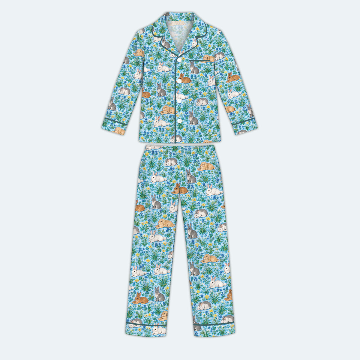 Floral Bunny Pajama Set, Cute Rabbit Garden Sleepwear, Cozy Long Sleeve Button Down Pajamas For Kids
