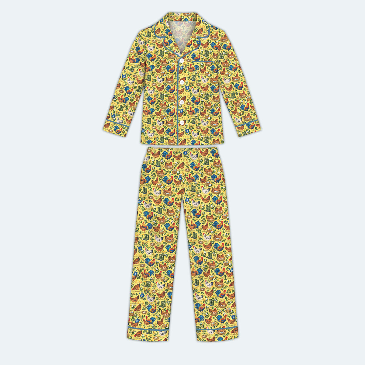 Chicken Farm Pajama Set, Vintage Rooster And Hen Sleepwear, Cozy Long Sleeve Button Down Pajamas For Kids