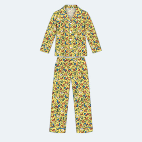 Chicken Farm Pajama Set, Vintage Rooster And Hen Sleepwear, Cozy Long Sleeve Button Down Pajamas For Kids