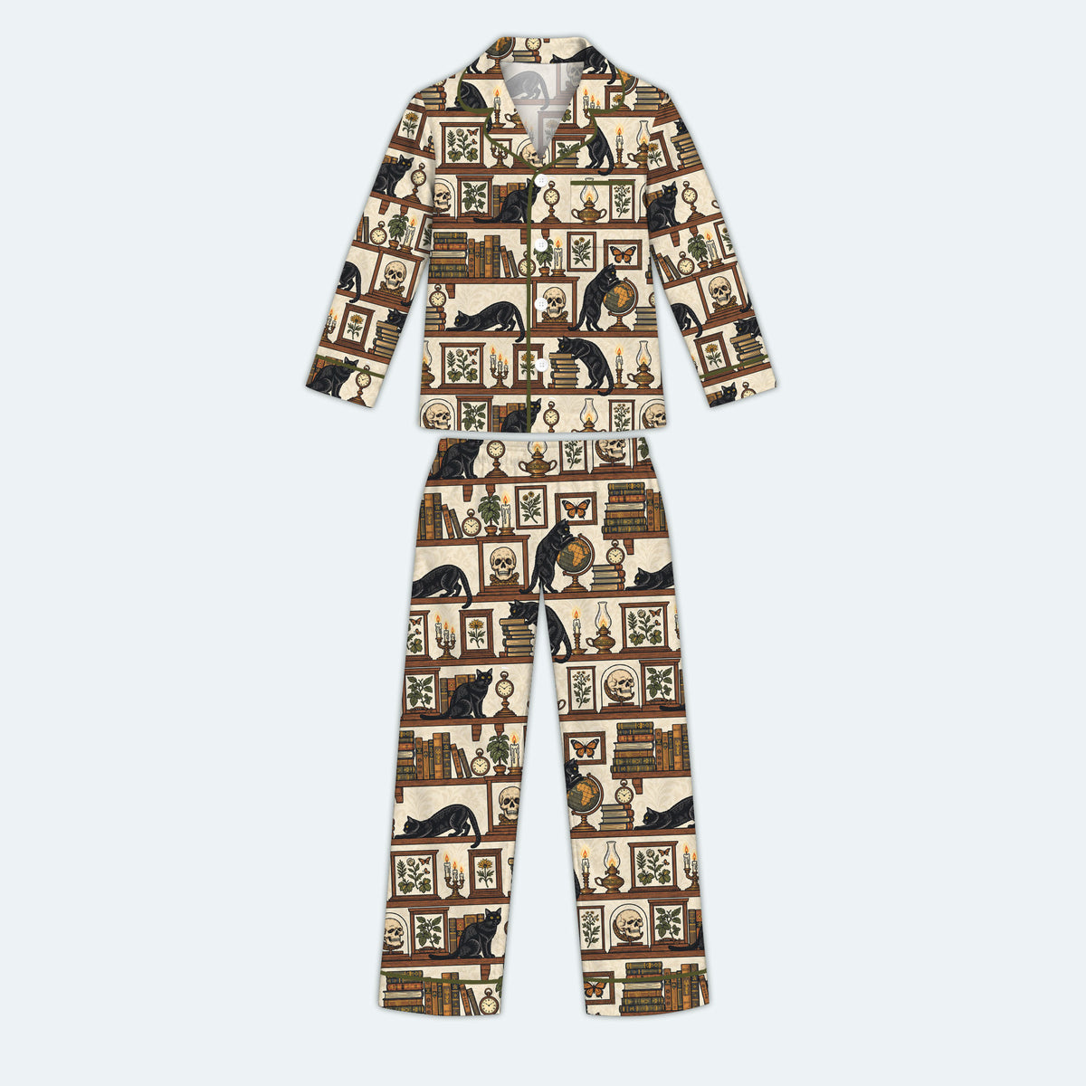 Gothic Black Cat Pajama Set, Vintage Library Cat Sleepwear, Cozy Long Sleeve Button Down Pajamas For Kids