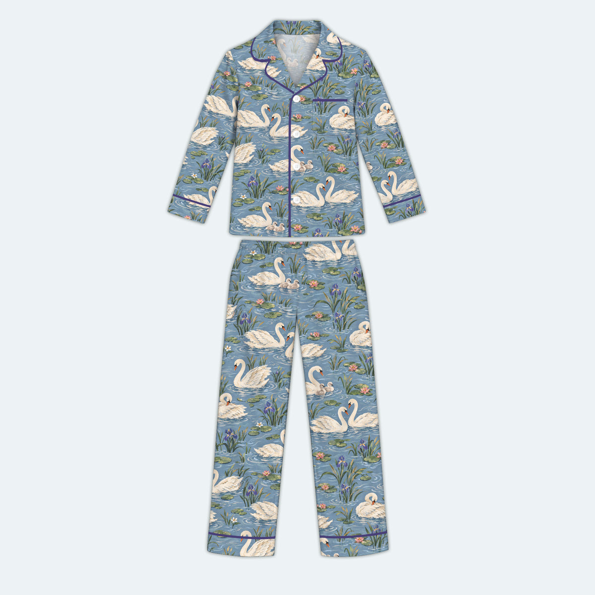 Elegant Swan Pajama Set, Vintage Swan Lake Sleepwear, Cozy Long Sleeve Button Down Pajamas For Kids