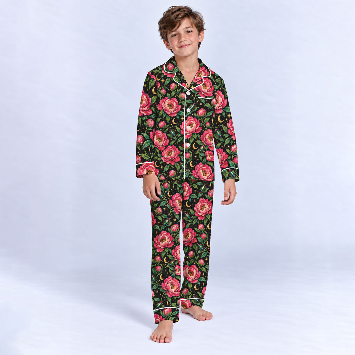 Floral Peony Pajama Set, Celestial Moon Garden Sleepwear, Cozy Long Sleeve Button Down Pajamas For Kids
