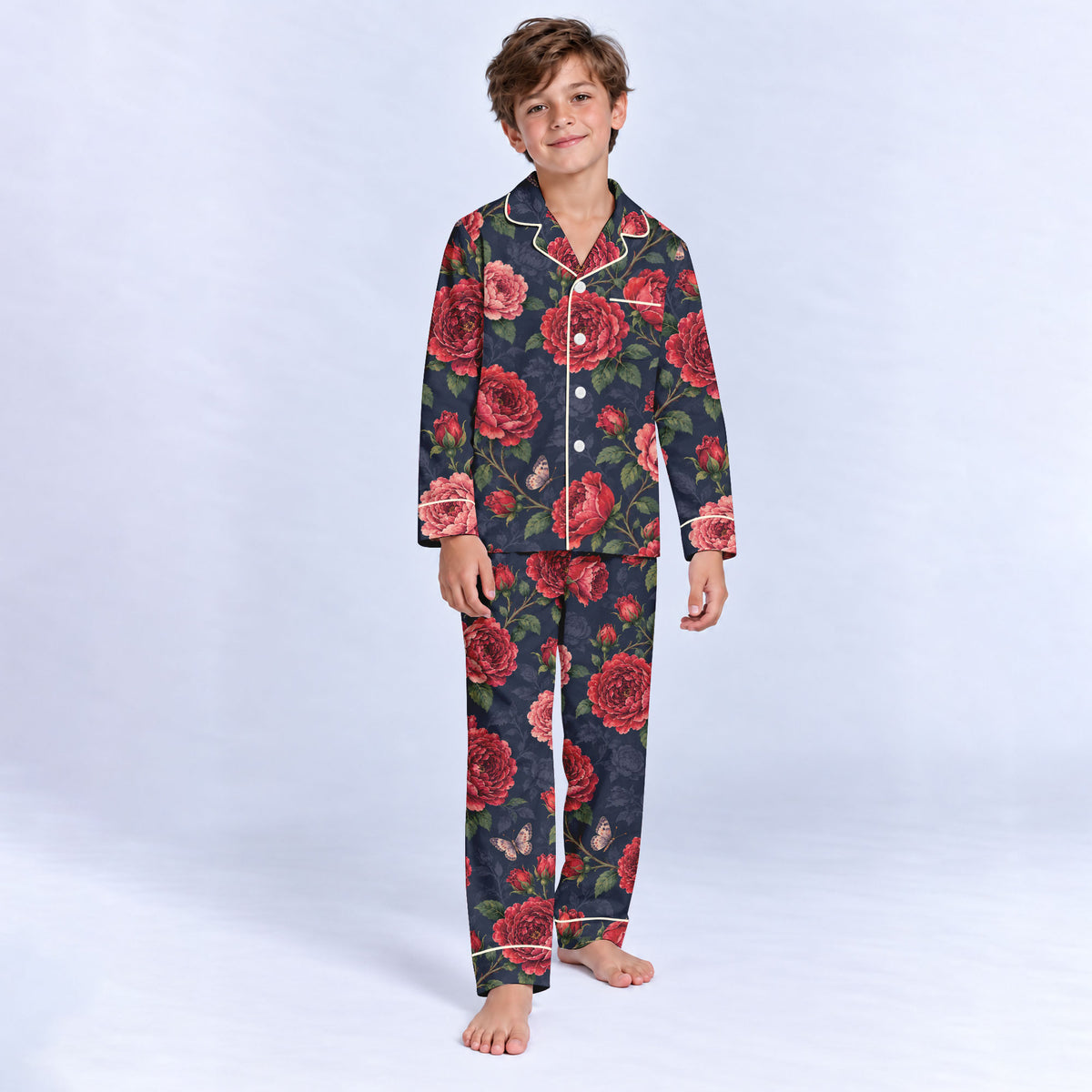 Floral Rose Pajama Set, Vintage Red Rose Butterfly Sleepwear, Cozy Long Sleeve Button Down Pajamas For Kids